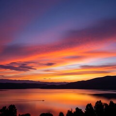 Fototapeta premium Vibrant Sunset Over Lake with Colorful Sky and Mountain Silhouette.