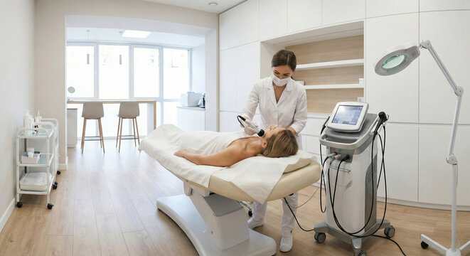 Full view of modern aesthetic clinic room with practitioner performing facial skin treatment on patient on medical bed.
