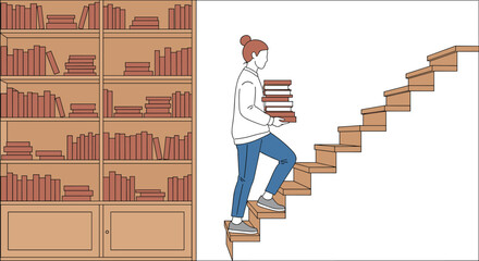 Woman climbing stairs carrying books next to bookshelf © MstFerdausi