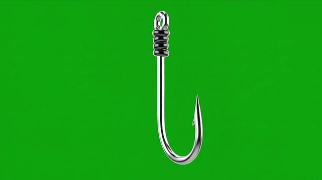Close-up of a shiny fishing hook on a vibrant green background.