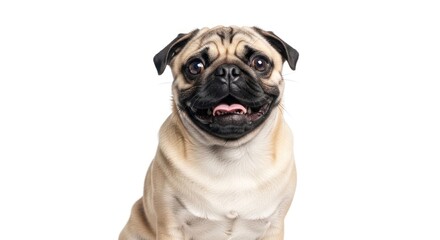 Fototapeta premium Happy, tan pug smiling with its tongue out against a white backdrop
