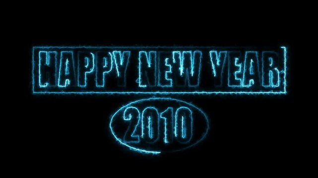 Electric Neon Happy New Year 2010 Text Glow on Black Background