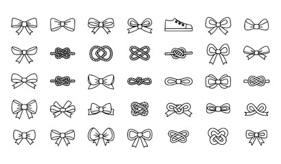 Decorative bows and knots thin line icon set with ribbon and rope tie elements minimal outline vector collection © Shukimon
