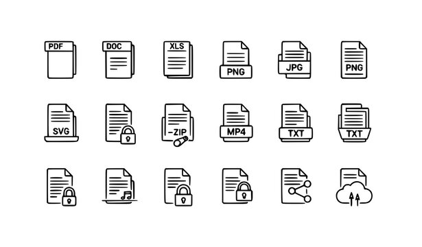 Modern file document icon set with minimal outline design sleek vector collection for web and mobile interface