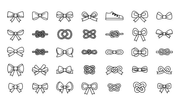 Decorative bows and knots thin line icon set with ribbon and rope tie elements minimal outline vector collection