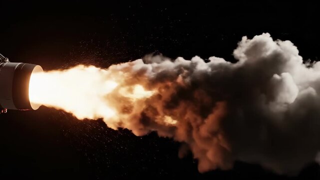 Jet Engine Test Fire with Realistic Smoke and Flame Simulations on Dark Background