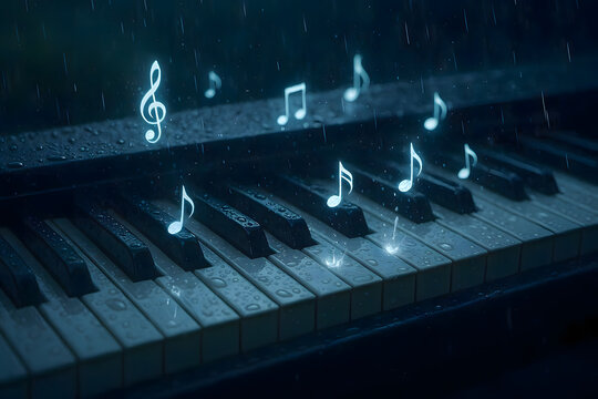 Rain Drops Transforming into Glowing Musical Notes on Piano Keys