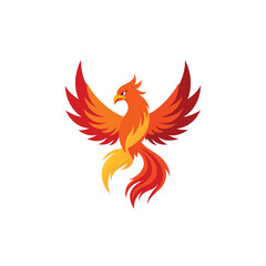 Fototapeta premium A vibrant phoenix bird in flight with orange and red feathers on a white background