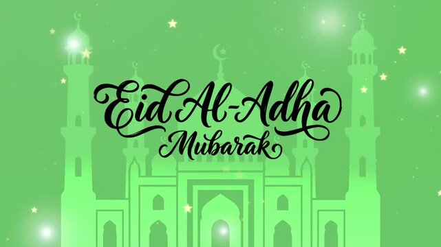 Eid Al-Adha Mubarak Greeting Animation with Mosque Silhouette and Twinkling Stars