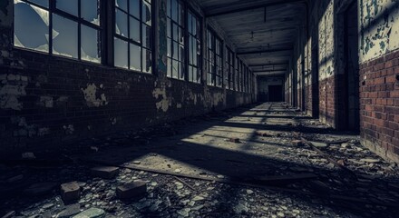 Fototapeta premium Long, decaying hallway in a derelict building with broken windows