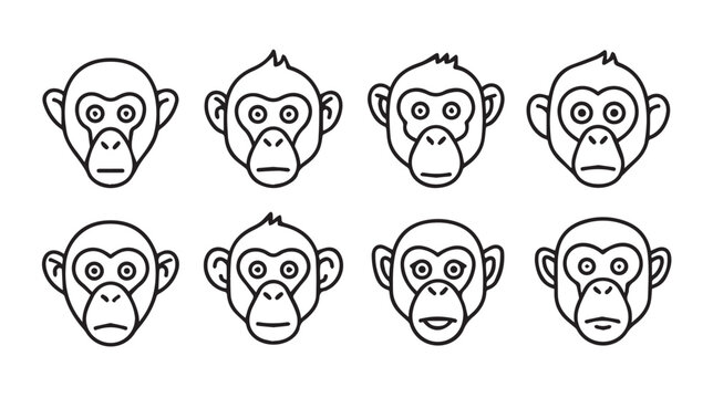 Eight Monkey Faces Icons Set Various Expressions Simple Line Art Isolated