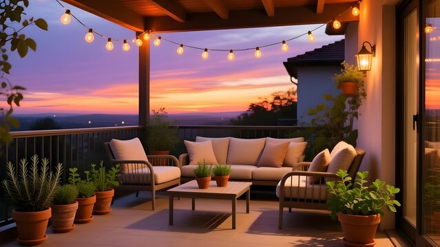 Cozy patio balcony with outdoor furniture at sunset, warm string lights over terrace lounge, modern rooftop deck with garden plants and evening sky