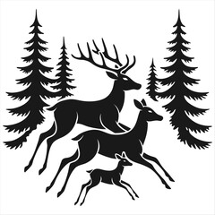 Fototapeta premium Black silhouette of deer family with baby and forest fir trees wildlife adventure