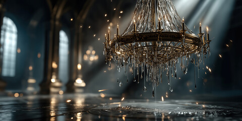 Fototapeta premium Ceremonial gathering in stately hall with glittering chandeliers and vintage grandeur