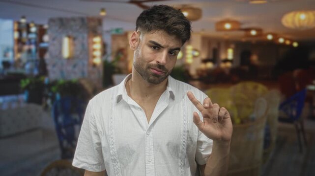 Man with stubble beard points finger while wearing a white linen shirt in a spacious hotel building; doubt.