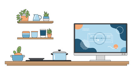 Fototapeta premium Home office or studio space combines a computer workstation with kitchen elements and decorative potted plants on shelves.