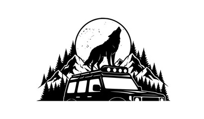 Offroad wolf silhouette car decal with mountains forest and moon vector sticker design © MDMuslim