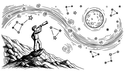 Creative Boy with Telescope Exploring Night Sky Constellations Black White Sketch Vector Landscape © BijoyChandra