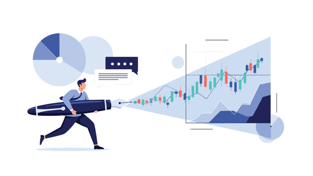 Motivated businessman uses a giant pen to draw a rising financial growth chart on a screen illustrating success.