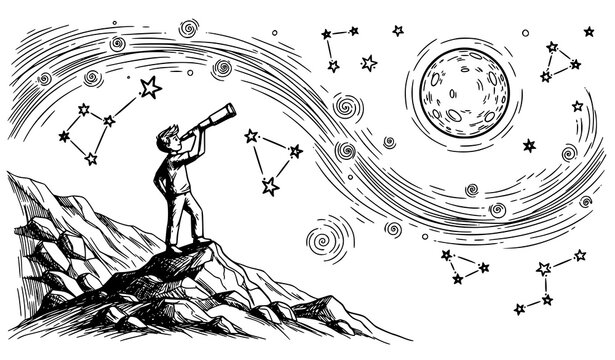 Creative Boy with Telescope Exploring Night Sky Constellations Black White Sketch Vector Landscape