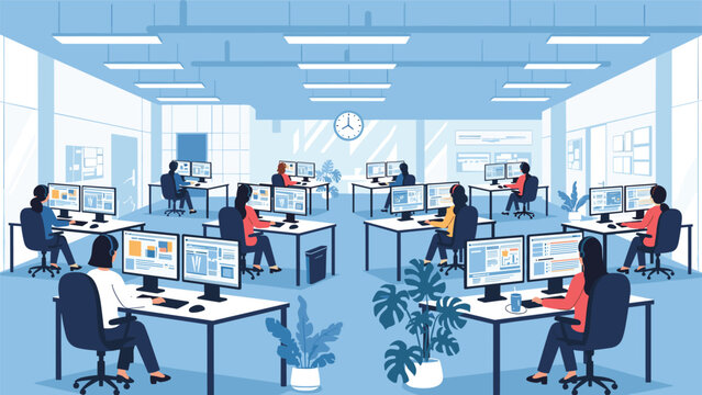 Large open plan office space is filled with numerous employees working at computer desks in a productive environment.