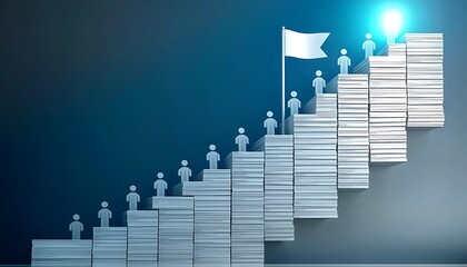 Obraz premium Steps made of documents leading up to flag on dark blue background symbolizing success.