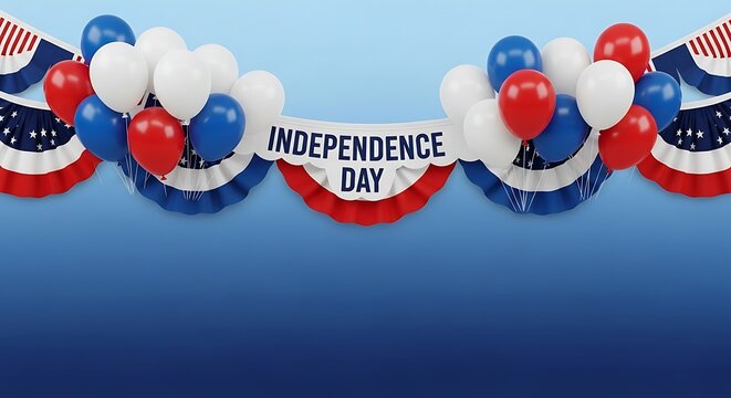 Independence day celebration with red, white, and blue balloons and banner on blue background