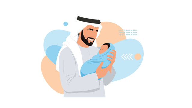 Arab father wearing traditional dishdasha holding his newborn baby with love and affection in gentle embrace against soft abstract background.