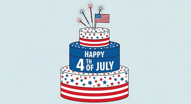 Illustration of a threetiered cake decorated for the 4th of july with fireworks and an american flag on top