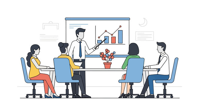 Flat illustration of business team meeting with presentation