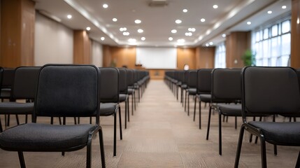 Fototapeta premium Modern conference hall with multiple rows of empty chairs meticulously arranged for an upcoming event or presentation