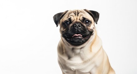 Fototapeta premium Portrait of a happy, beige pug dog against a white background