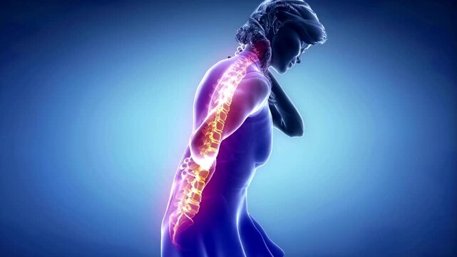 Medical Illustration of a Woman Suffering from Chronic Back and Neck Pain with the Entire Vertebral Column Glowing in Red Heat to Symbolize Inflammation, Spinal Issues, and Fibromyalgia.