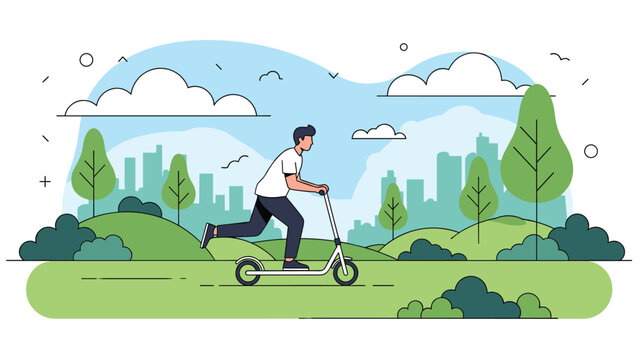 Young man rides a kick scooter through a scenic green city park with hills, trees, and a urban skyline visible in the background.