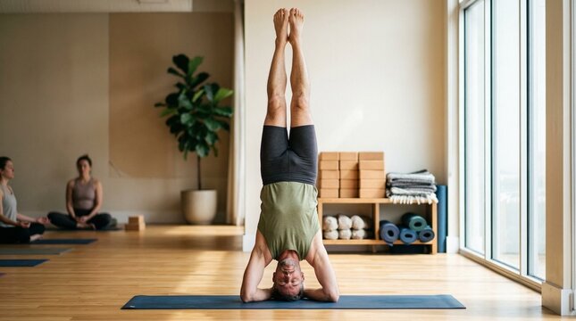 Man balancing in headstand pose on blue mat in spacious modern yoga studio with wooden floors and plants.
