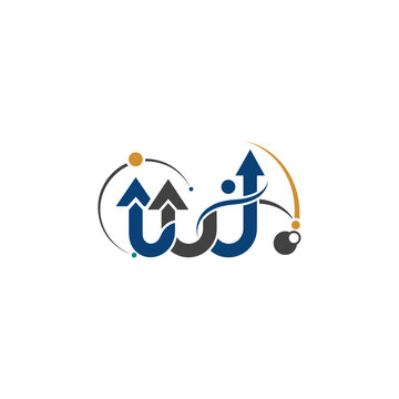 A modern, abstract logo featuring stylized letters, possibly "UJJ", with integrated upward arrows and dynamic circular elements in blue, black, and gold, symbolizing growth and progress.