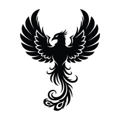 Fototapeta premium Black phoenix bird with spread wings and ornate tail
