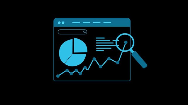 Web data analytics dashboard. Website interface icon with pie chart, line graph, and magnifying glass, data analytics and business intelligence. 2D motion graphics in 4K resolution with alpha channel.