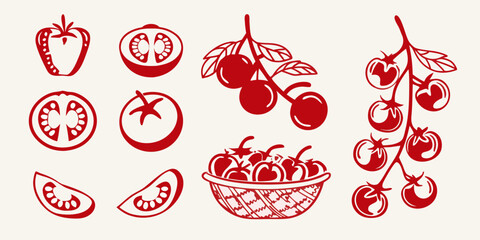 Red tomato illustrations whole fruits slices vines and a basket © krishna