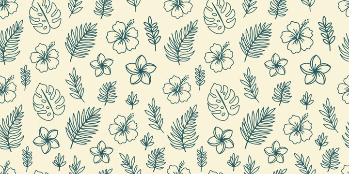 Tropical Line Art Seamless Pattern Elegant Minimalist Exotic Floral Vector