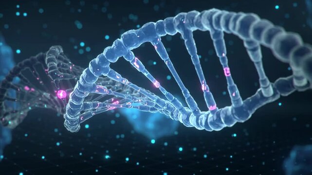 A futuristic illustration of a glowing DNA double helix with pink and blue highlights on a dark background with bokeh effect, conveying a sense of sci