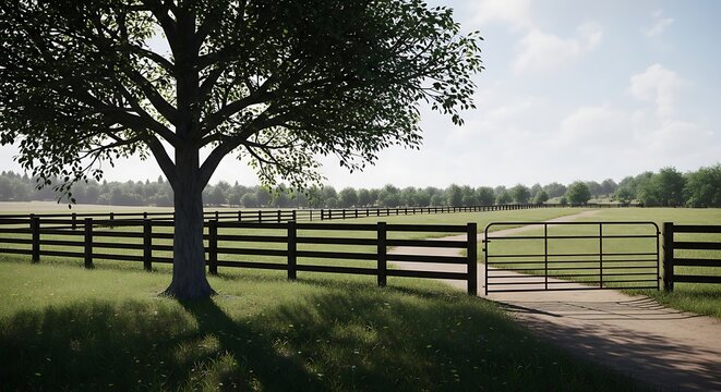 A tree stands beside a rustic wooden fence and gate in a green field