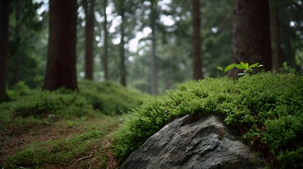 Fototapeta premium Serene forest floor with lush green moss covering rocks and ground blurred trees in background