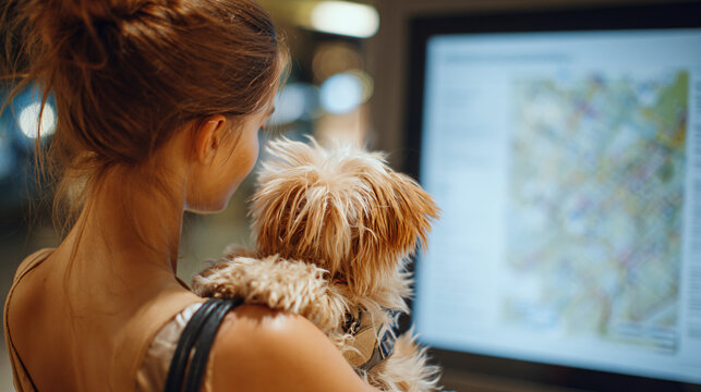 Person holding a small dog while looking at a digital map directory in a mall, representing a pet-friendly urban lifestyle and navigation technology.