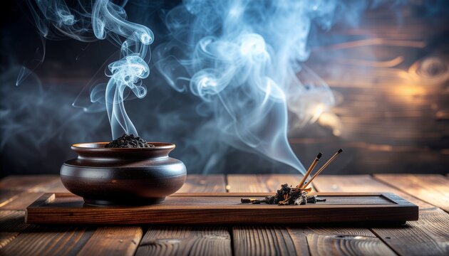 香炉と線香　立ちのぼる煙の和スチルライフ