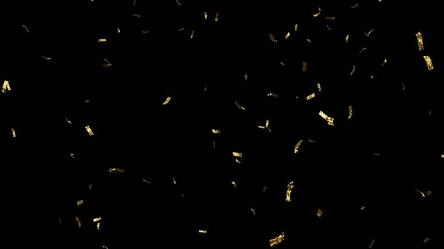 gold confetti video on transparent background with alpha channel. gold confetti falling in slow motion 3d rendering gold confetti particle flying include alpha matte. Double burst of confetti.	