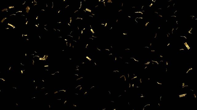 gold confetti video on transparent background with alpha channel. gold confetti falling in slow motion 3d rendering gold confetti particle flying include alpha matte. Double burst of confetti.	