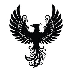 Obraz premium Black silhouette of a stylized phoenix with ornate tail feathers