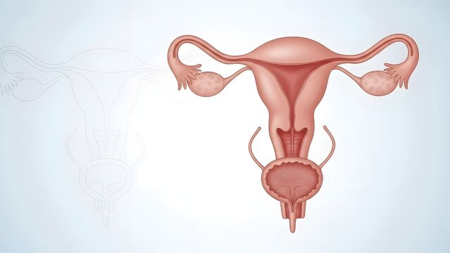 Anatomical illustration of the female reproductive system, including the uterus, ovaries, fallopian tubes, and bladder