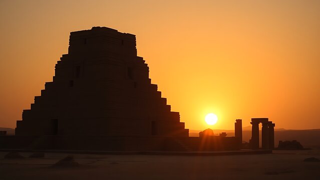 ziggurat. Majestic stepped ziggurat ruins at twilight against golden desert sky. real-estate listings, architecture portfolios, designed for real-estate listing and luxury residence showcases.